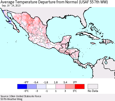 Mexico Central America and the Caribbean Average Temperature Departure from Normal (USAF 557th WW) Thematic Map For 9/18/2023 - 9/24/2023