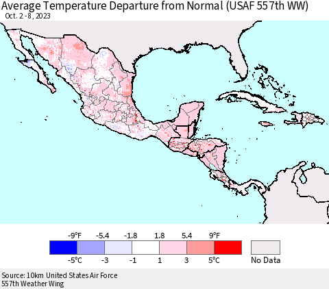 Mexico Central America and the Caribbean Average Temperature Departure from Normal (USAF 557th WW) Thematic Map For 10/2/2023 - 10/8/2023