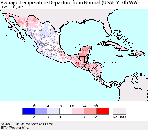 Mexico Central America and the Caribbean Average Temperature Departure from Normal (USAF 557th WW) Thematic Map For 10/9/2023 - 10/15/2023