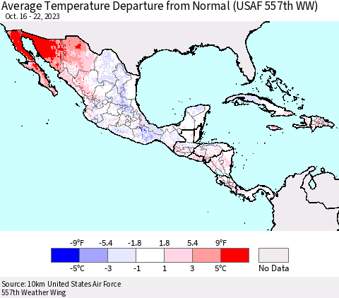 Mexico Central America and the Caribbean Average Temperature Departure from Normal (USAF 557th WW) Thematic Map For 10/16/2023 - 10/22/2023
