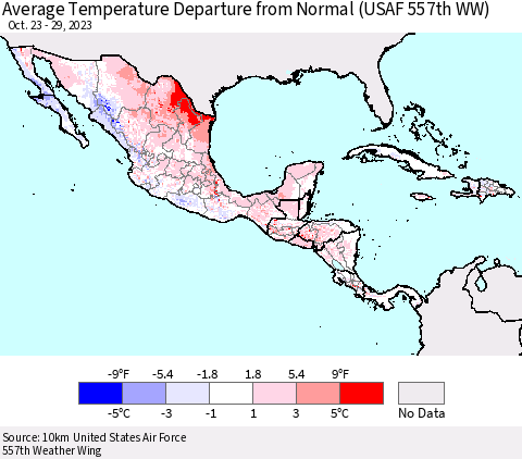 Mexico Central America and the Caribbean Average Temperature Departure from Normal (USAF 557th WW) Thematic Map For 10/23/2023 - 10/29/2023
