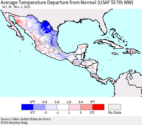 Mexico Central America and the Caribbean Average Temperature Departure from Normal (USAF 557th WW) Thematic Map For 10/30/2023 - 11/5/2023