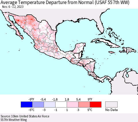 Mexico Central America and the Caribbean Average Temperature Departure from Normal (USAF 557th WW) Thematic Map For 11/6/2023 - 11/12/2023