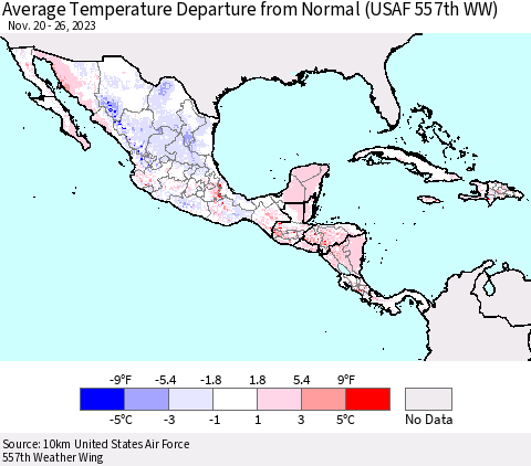 Mexico Central America and the Caribbean Average Temperature Departure from Normal (USAF 557th WW) Thematic Map For 11/20/2023 - 11/26/2023