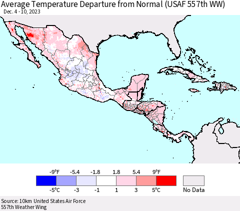 Mexico Central America and the Caribbean Average Temperature Departure from Normal (USAF 557th WW) Thematic Map For 12/4/2023 - 12/10/2023