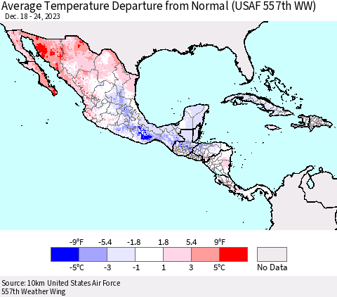Mexico Central America and the Caribbean Average Temperature Departure from Normal (USAF 557th WW) Thematic Map For 12/18/2023 - 12/24/2023