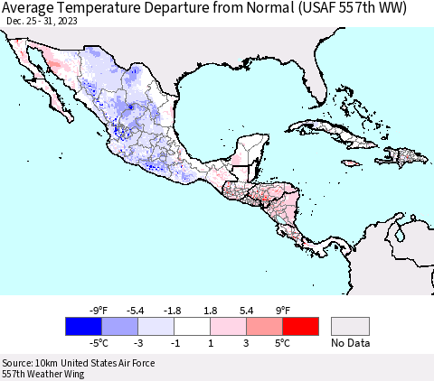 Mexico Central America and the Caribbean Average Temperature Departure from Normal (USAF 557th WW) Thematic Map For 12/25/2023 - 12/31/2023