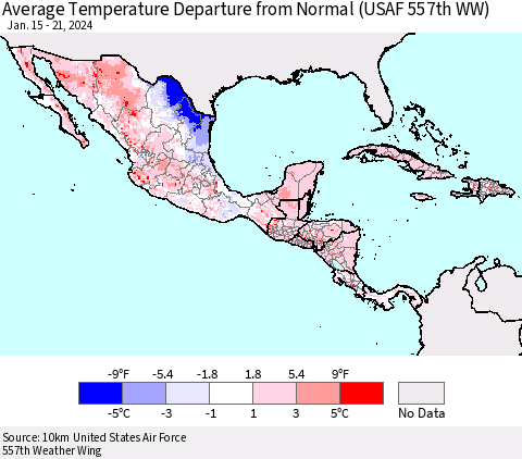 Mexico Central America and the Caribbean Average Temperature Departure from Normal (USAF 557th WW) Thematic Map For 1/15/2024 - 1/21/2024