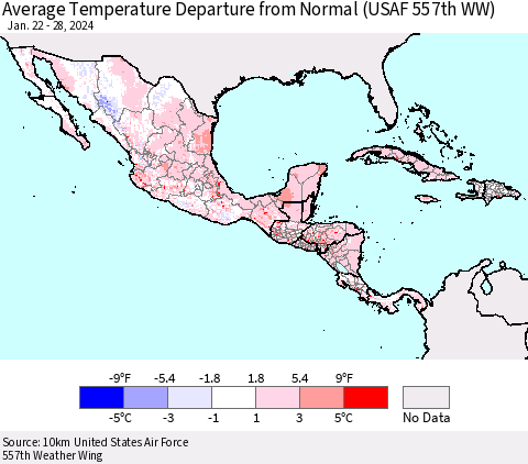 Mexico Central America and the Caribbean Average Temperature Departure from Normal (USAF 557th WW) Thematic Map For 1/22/2024 - 1/28/2024