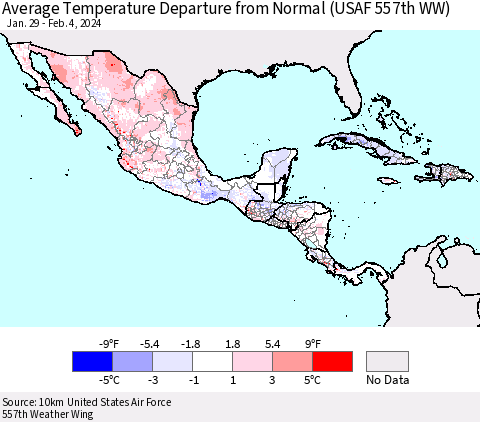 Mexico Central America and the Caribbean Average Temperature Departure from Normal (USAF 557th WW) Thematic Map For 1/29/2024 - 2/4/2024