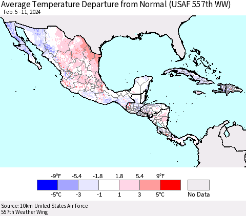 Mexico Central America and the Caribbean Average Temperature Departure from Normal (USAF 557th WW) Thematic Map For 2/5/2024 - 2/11/2024