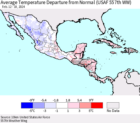 Mexico Central America and the Caribbean Average Temperature Departure from Normal (USAF 557th WW) Thematic Map For 2/12/2024 - 2/18/2024