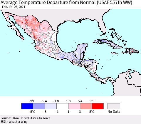 Mexico Central America and the Caribbean Average Temperature Departure from Normal (USAF 557th WW) Thematic Map For 2/19/2024 - 2/25/2024
