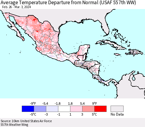 Mexico Central America and the Caribbean Average Temperature Departure from Normal (USAF 557th WW) Thematic Map For 2/26/2024 - 3/3/2024