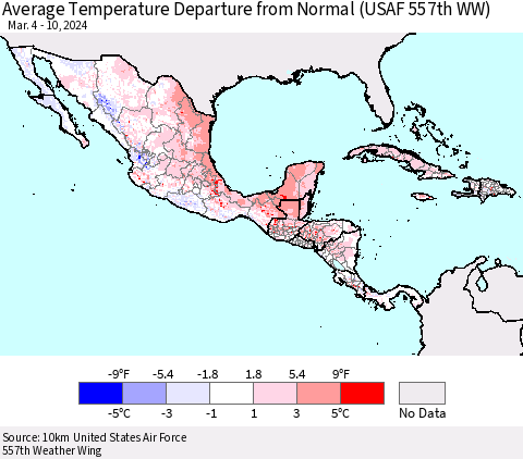 Mexico Central America and the Caribbean Average Temperature Departure from Normal (USAF 557th WW) Thematic Map For 3/4/2024 - 3/10/2024