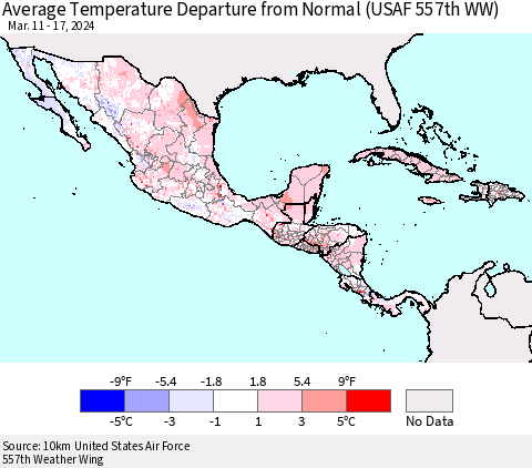 Mexico Central America and the Caribbean Average Temperature Departure from Normal (USAF 557th WW) Thematic Map For 3/11/2024 - 3/17/2024