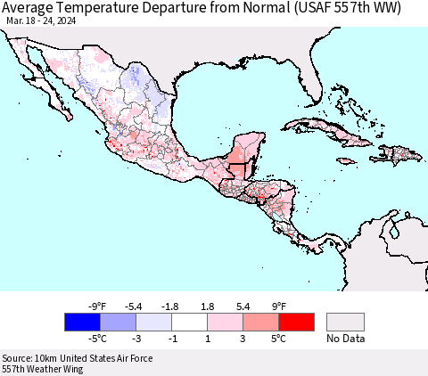 Mexico Central America and the Caribbean Average Temperature Departure from Normal (USAF 557th WW) Thematic Map For 3/18/2024 - 3/24/2024