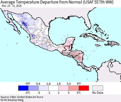 Mexico Central America and the Caribbean Average Temperature Departure from Normal (USAF 557th WW) Thematic Map For 3/25/2024 - 3/31/2024