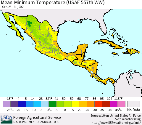 Mexico Central America and the Caribbean Mean Minimum Temperature (USAF 557th WW) Thematic Map For 10/25/2021 - 10/31/2021