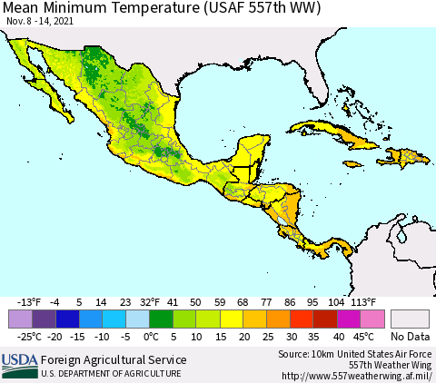 Mexico Central America and the Caribbean Mean Minimum Temperature (USAF 557th WW) Thematic Map For 11/8/2021 - 11/14/2021