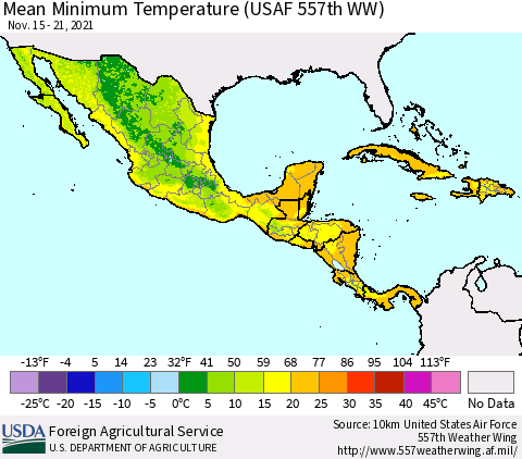 Mexico Central America and the Caribbean Mean Minimum Temperature (USAF 557th WW) Thematic Map For 11/15/2021 - 11/21/2021