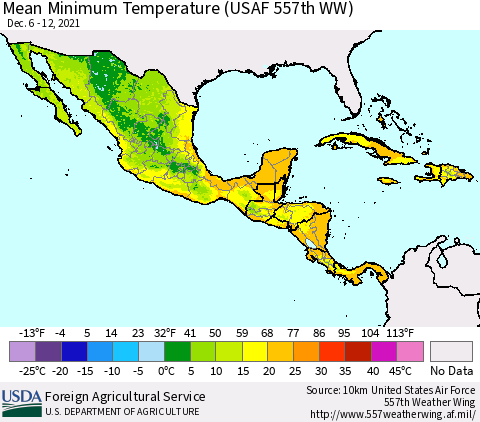 Mexico Central America and the Caribbean Mean Minimum Temperature (USAF 557th WW) Thematic Map For 12/6/2021 - 12/12/2021