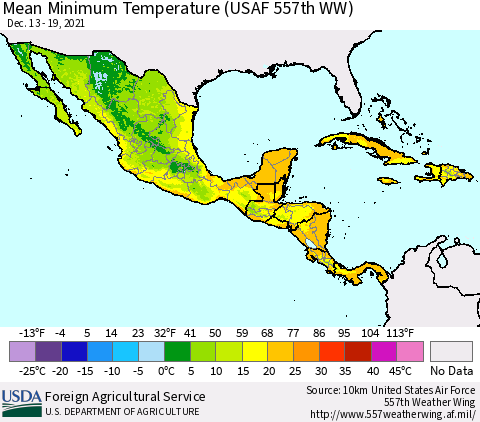 Mexico Central America and the Caribbean Mean Minimum Temperature (USAF 557th WW) Thematic Map For 12/13/2021 - 12/19/2021