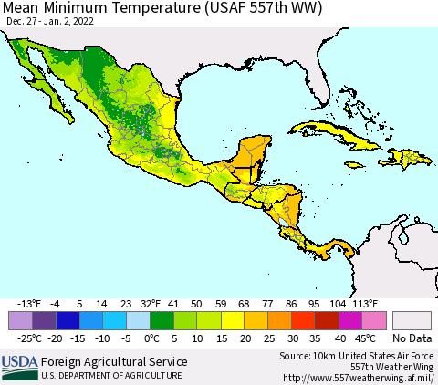 Mexico Central America and the Caribbean Mean Minimum Temperature (USAF 557th WW) Thematic Map For 12/27/2021 - 1/2/2022