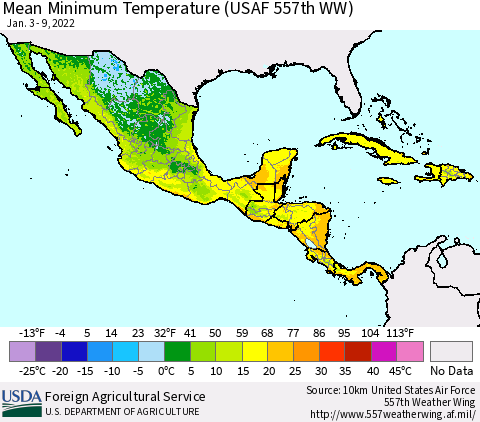 Mexico Central America and the Caribbean Mean Minimum Temperature (USAF 557th WW) Thematic Map For 1/3/2022 - 1/9/2022