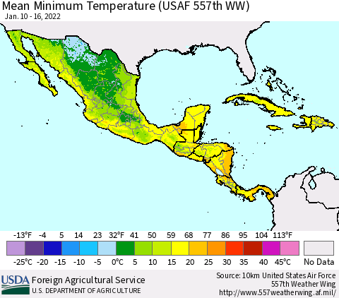 Mexico Central America and the Caribbean Mean Minimum Temperature (USAF 557th WW) Thematic Map For 1/10/2022 - 1/16/2022