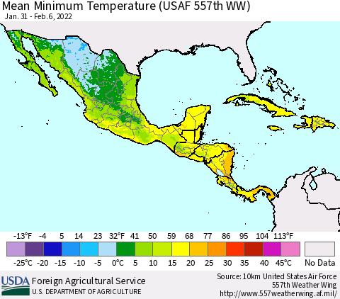 Mexico Central America and the Caribbean Mean Minimum Temperature (USAF 557th WW) Thematic Map For 1/31/2022 - 2/6/2022