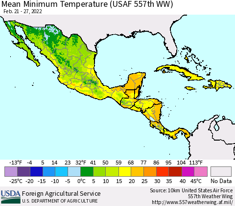 Mexico Central America and the Caribbean Mean Minimum Temperature (USAF 557th WW) Thematic Map For 2/21/2022 - 2/27/2022