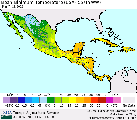 Mexico Central America and the Caribbean Mean Minimum Temperature (USAF 557th WW) Thematic Map For 3/7/2022 - 3/13/2022