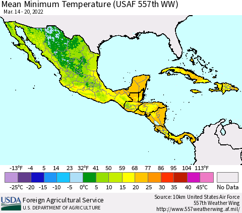 Mexico Central America and the Caribbean Mean Minimum Temperature (USAF 557th WW) Thematic Map For 3/14/2022 - 3/20/2022