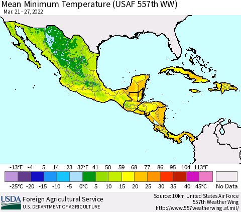 Mexico Central America and the Caribbean Mean Minimum Temperature (USAF 557th WW) Thematic Map For 3/21/2022 - 3/27/2022