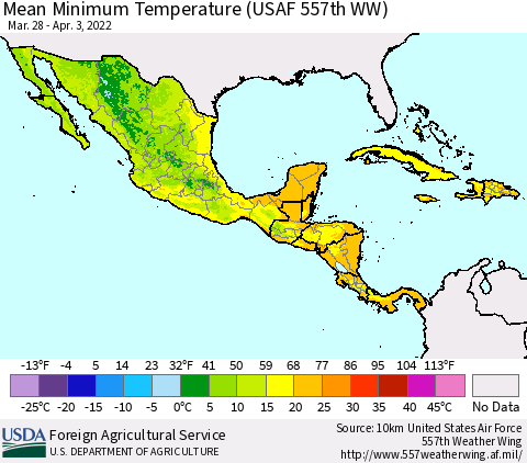 Mexico Central America and the Caribbean Mean Minimum Temperature (USAF 557th WW) Thematic Map For 3/28/2022 - 4/3/2022