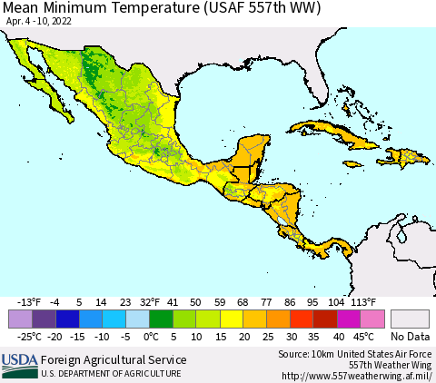 Mexico Central America and the Caribbean Mean Minimum Temperature (USAF 557th WW) Thematic Map For 4/4/2022 - 4/10/2022