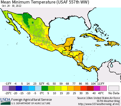 Mexico Central America and the Caribbean Mean Minimum Temperature (USAF 557th WW) Thematic Map For 10/24/2022 - 10/30/2022