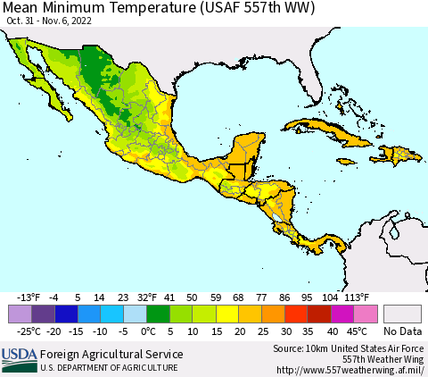 Mexico Central America and the Caribbean Mean Minimum Temperature (USAF 557th WW) Thematic Map For 10/31/2022 - 11/6/2022
