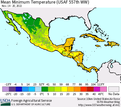 Mexico Central America and the Caribbean Mean Minimum Temperature (USAF 557th WW) Thematic Map For 11/14/2022 - 11/20/2022