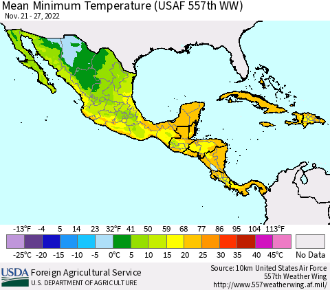 Mexico Central America and the Caribbean Mean Minimum Temperature (USAF 557th WW) Thematic Map For 11/21/2022 - 11/27/2022