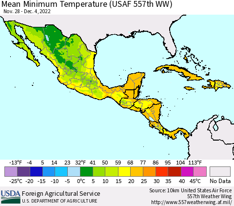 Mexico Central America and the Caribbean Mean Minimum Temperature (USAF 557th WW) Thematic Map For 11/28/2022 - 12/4/2022