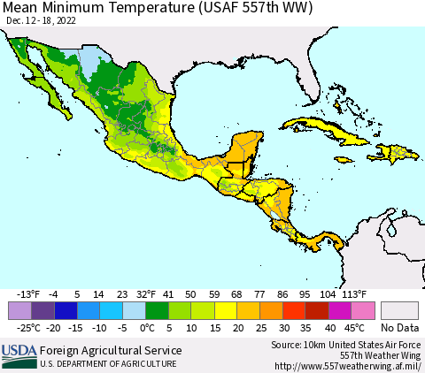 Mexico Central America and the Caribbean Mean Minimum Temperature (USAF 557th WW) Thematic Map For 12/12/2022 - 12/18/2022