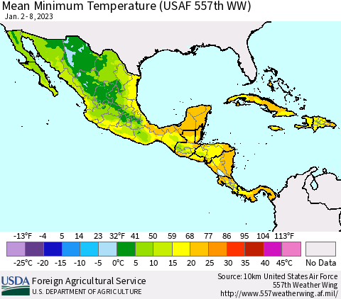 Mexico Central America and the Caribbean Mean Minimum Temperature (USAF 557th WW) Thematic Map For 1/2/2023 - 1/8/2023