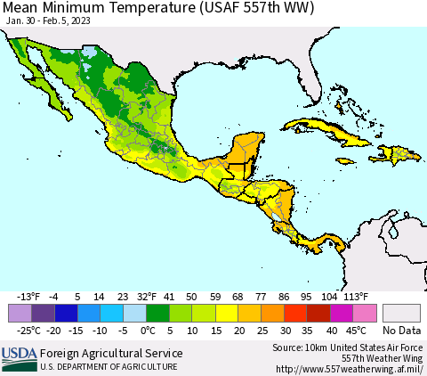 Mexico Central America and the Caribbean Mean Minimum Temperature (USAF 557th WW) Thematic Map For 1/30/2023 - 2/5/2023