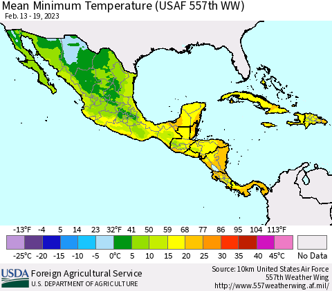 Mexico Central America and the Caribbean Mean Minimum Temperature (USAF 557th WW) Thematic Map For 2/13/2023 - 2/19/2023