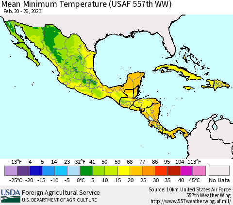 Mexico Central America and the Caribbean Mean Minimum Temperature (USAF 557th WW) Thematic Map For 2/20/2023 - 2/26/2023
