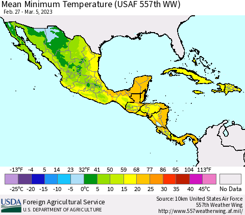 Mexico Central America and the Caribbean Mean Minimum Temperature (USAF 557th WW) Thematic Map For 2/27/2023 - 3/5/2023