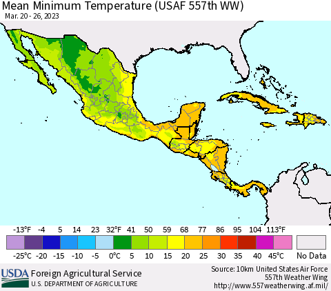 Mexico Central America and the Caribbean Mean Minimum Temperature (USAF 557th WW) Thematic Map For 3/20/2023 - 3/26/2023