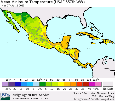 Mexico Central America and the Caribbean Mean Minimum Temperature (USAF 557th WW) Thematic Map For 3/27/2023 - 4/2/2023